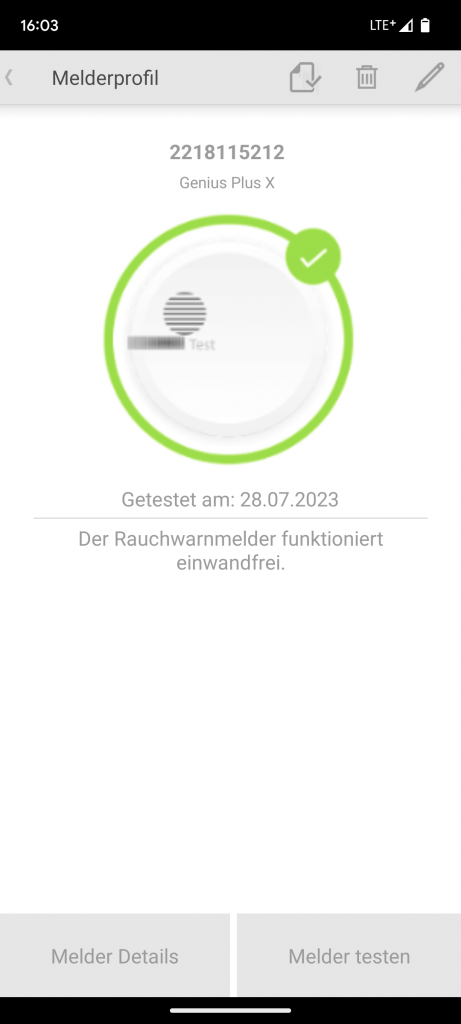 Übersichtsprofil der App des Hekatron Genius Plus X Rauchmelders