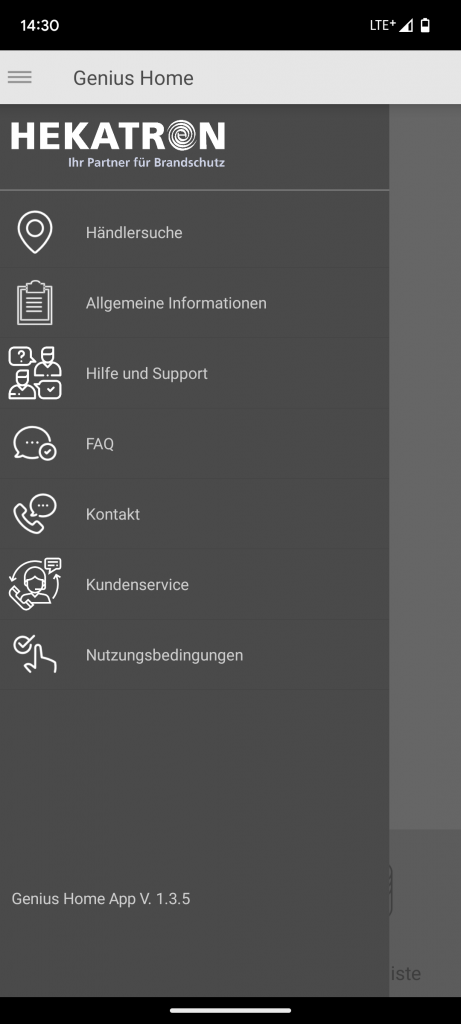 Untermenü der App des Hekatron Genius Plus X Rauchmelders