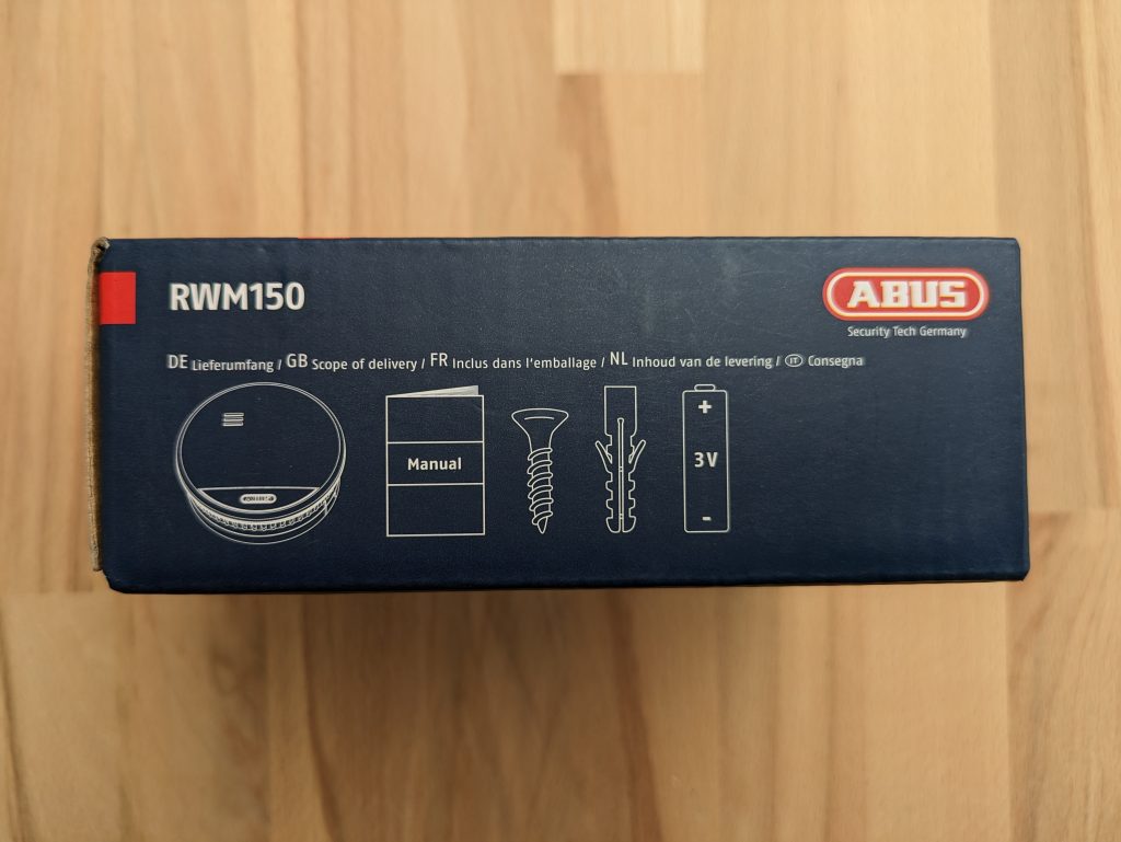 Verpackung des Abus RWM 150 Rauchmelder von links