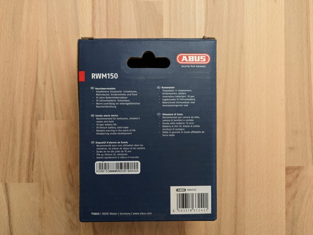 Verpackung des Abus RWM 150 Rauchmelders von hinten