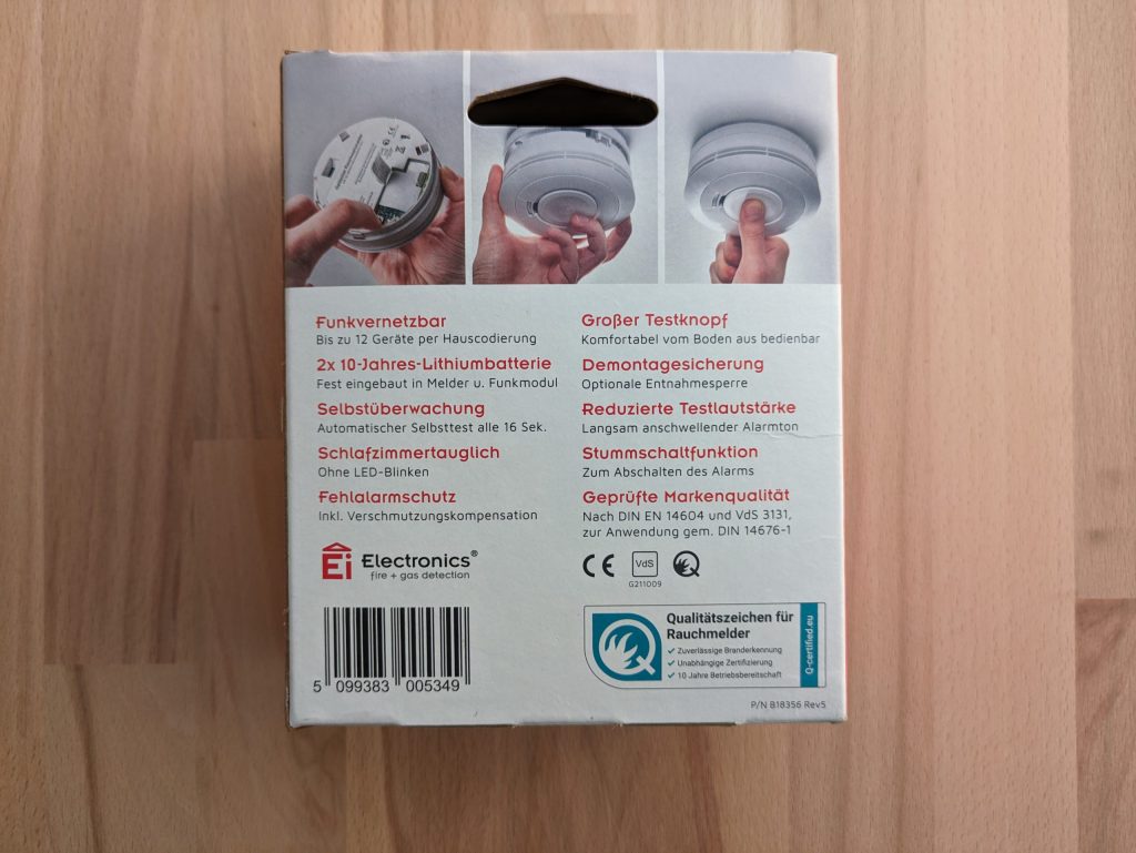 Verpackung des Ei Electronics Ei650 RF Rauchmelders von hinten