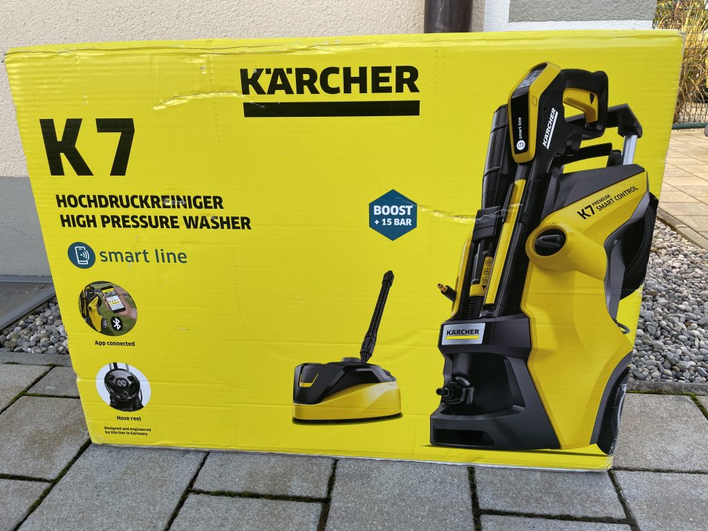 Verpackung des Kärcher K7 Hochdruckreinigers von vorne
