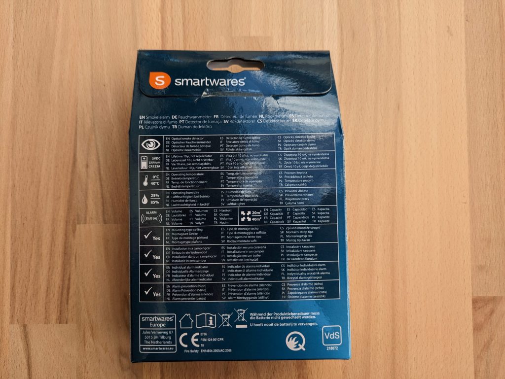Verpackung des Smartware FSM 124 Rauchmelders von hinten