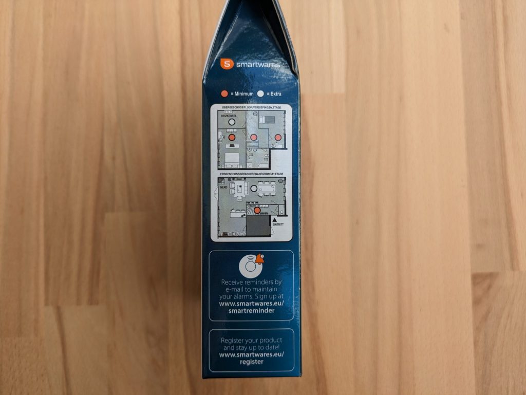 Verpackung des Smartware FSM 124 Rauchmelders von links