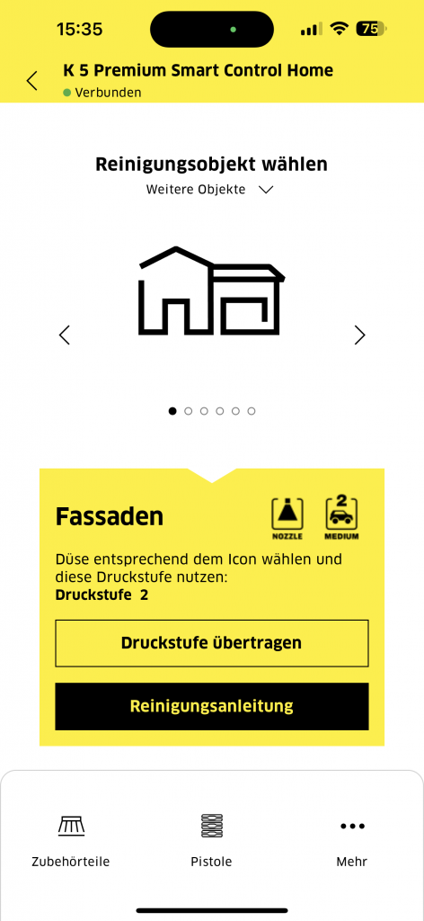 Wahl des Reinigungsobjekt in der App des Kärcher K5 Hochdruckreinigers