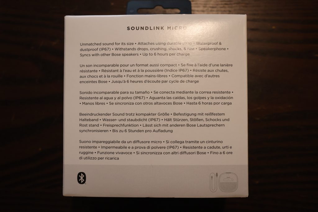 Bose Soundlink Micro Bluetooth-Lautsprecher Karton Rückseite