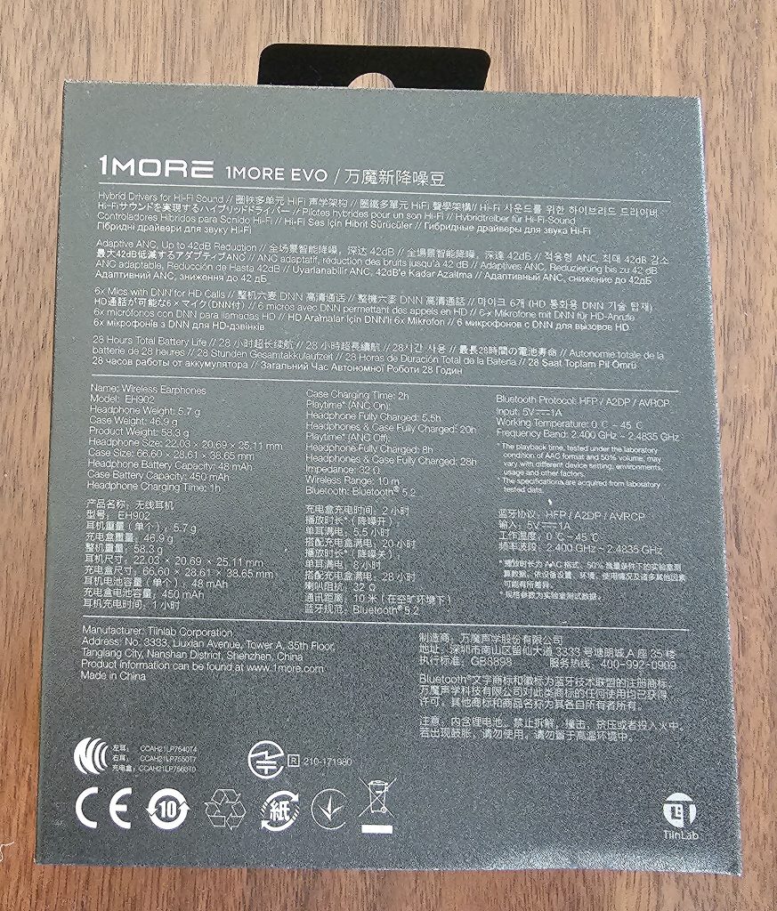 1More EVO In-Ear-Bluetooth-Kopfhörer Verpackung Rückseite