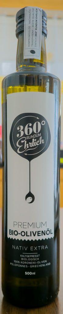 360° rundum ehrlich Premium Bio Olivenöl kaltgepresst Flasche