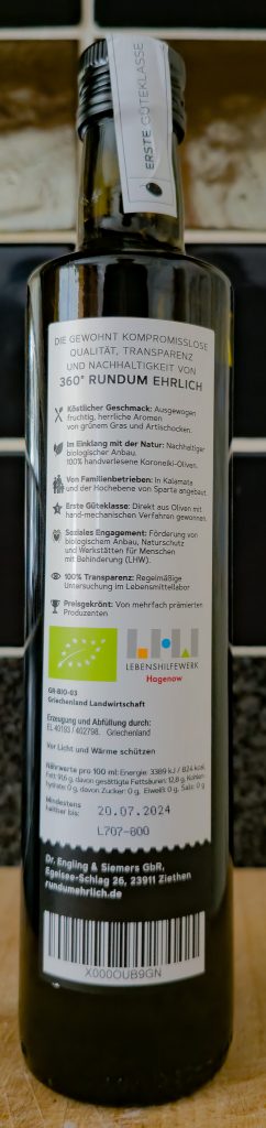 360° rundum ehrlich Premium Bio Olivenöl kaltgepresst Flasche Rückseite