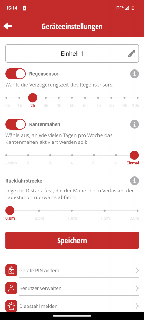 App des Einhell FREELEXO 1200 LCD BT Mähroboters Geräteeinstellungen