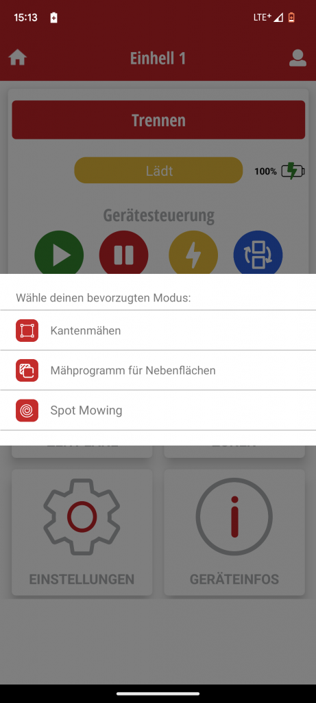 App des Einhell FREELEXO 1200 LCD BT Mähroboters Schnittmodi