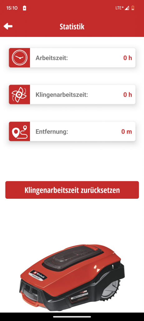 App des Einhell FREELEXO 1200 LCD BT Mähroboters Statistik