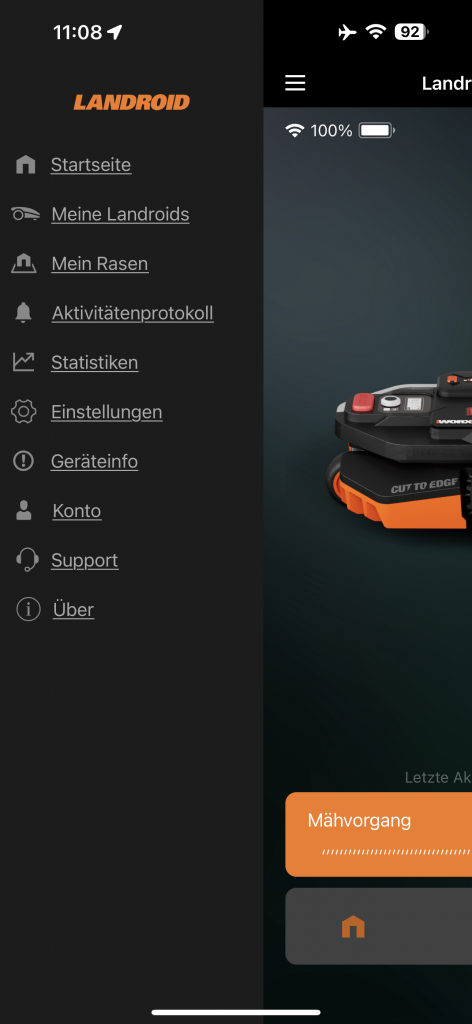 App des Worx Vision M600 Mähroboters Untermenü