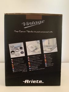 Ariete Vintage 1389 Kaffeepadmaschine Karton von der Seite