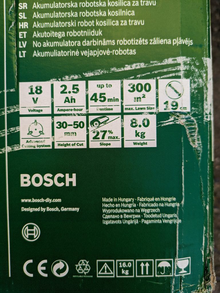 Bosch Home and Garden Indego XS 300 Mähroboter Verpackung Rückseite dritte Nahansicht