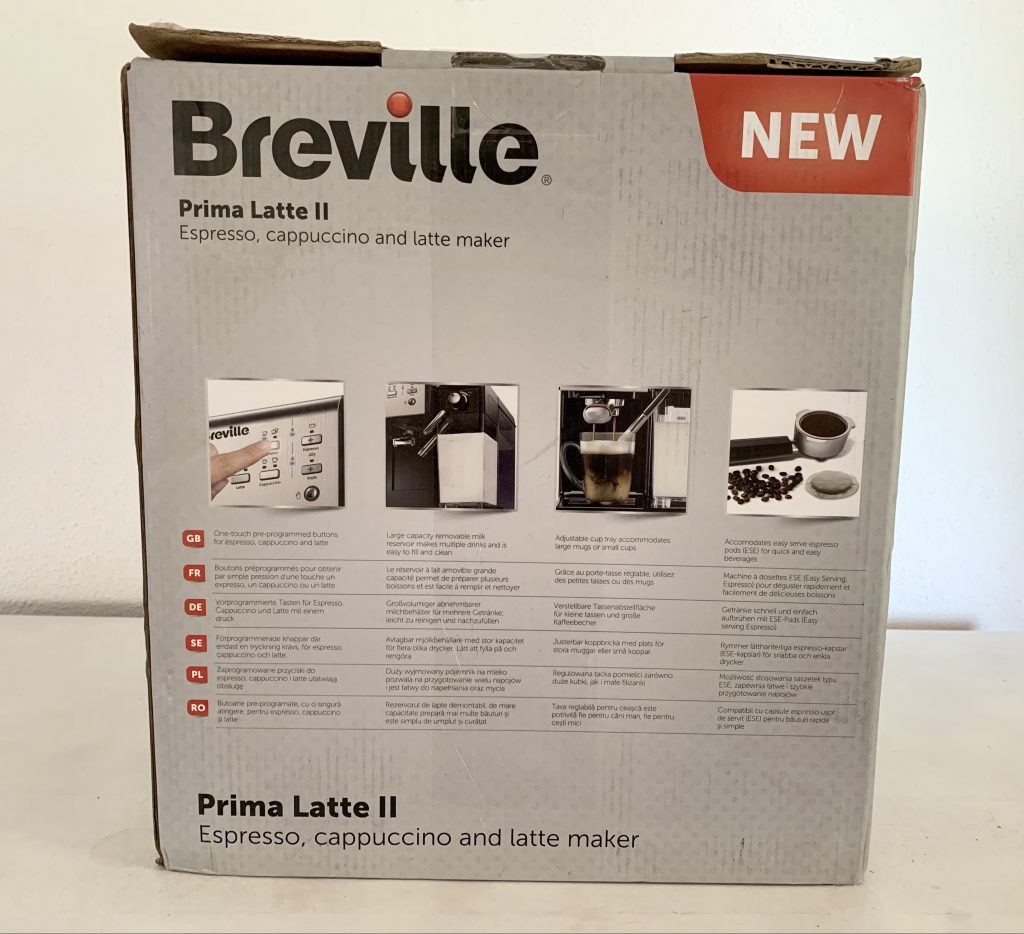 Breville Prima Latte II VCF108X Kaffeepadmaschine Karton von hinten