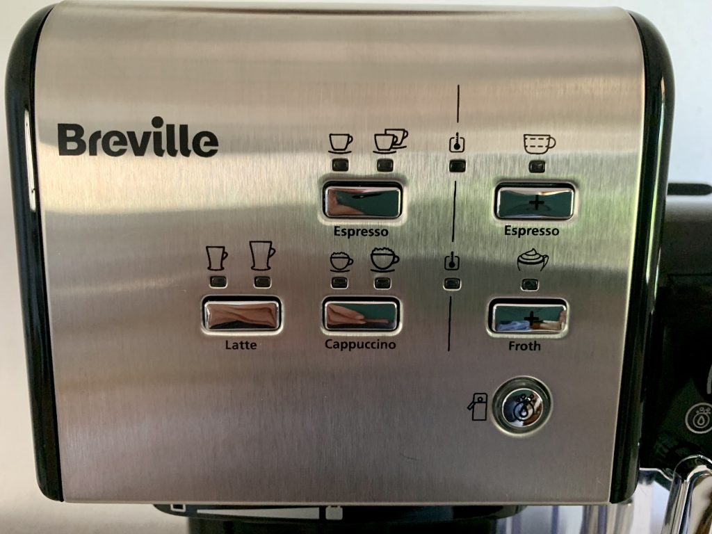 Breville Prima Latte II VCF108X Kaffeepadmaschine Nahansicht Bedienfeld