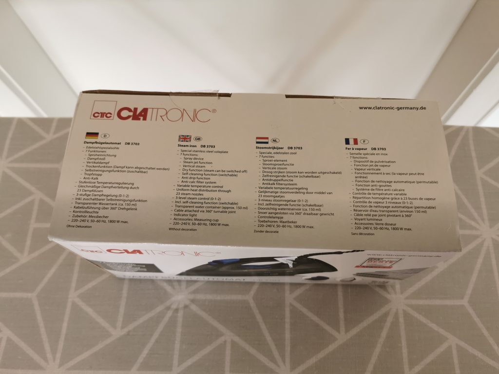 Clatronic DB 3703 Dampfbügeleisen Verpackung oben