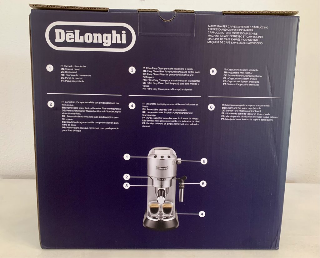 De'Longhi Dedica Style EC 685.M Kaffeepadmaschine im Karton von hinten