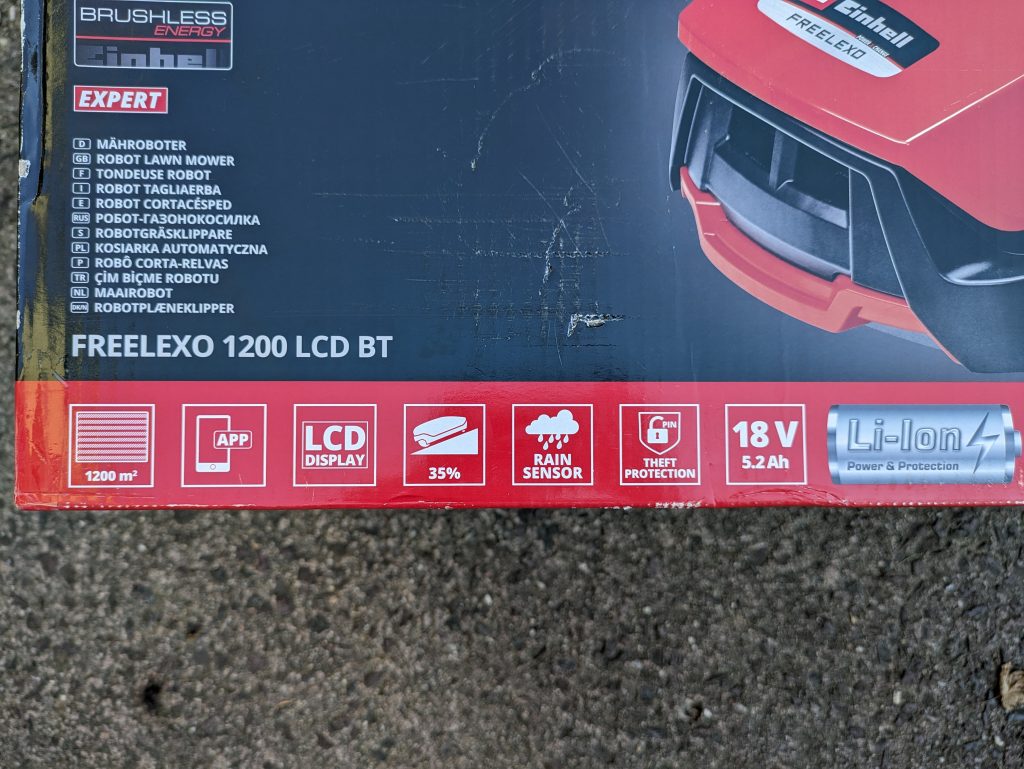 Einhell FREELEXO 1200 LCD BT Mähroboter Verpackung frontal Nahansicht