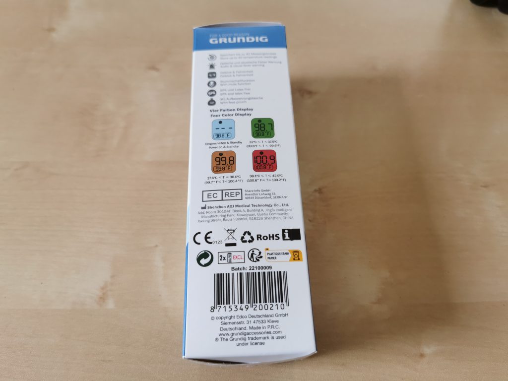 Grundig Infrarot 20021 Fieberthermometer Verpackung Seite 1