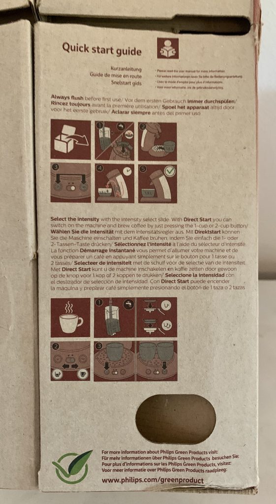 Philips SENSEO® Original Plus CSA210:10 Kaffeepadmaschine Schnellstartanleitung im Kartondeckel