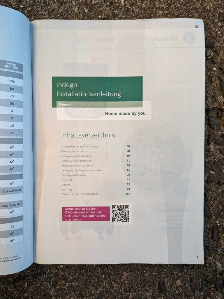 Inhaltsverzeichnis der Installationsanleitung des Bosch Home and Garden Indego XS 300 Mähroboters