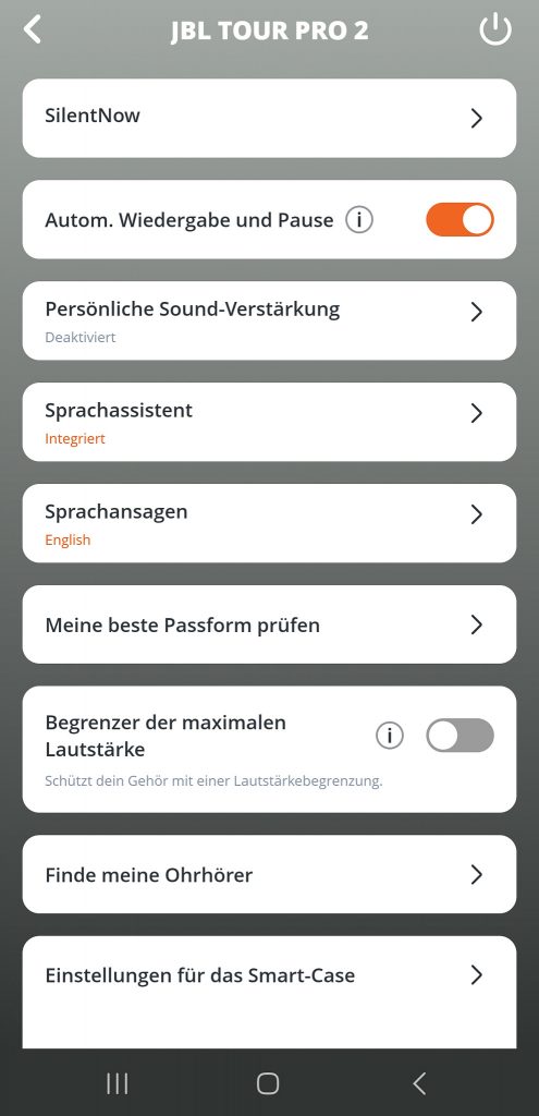 JBL Tour Pro 2 In-Ear-Bluetooth-Kopfhörer App Detailmenü
