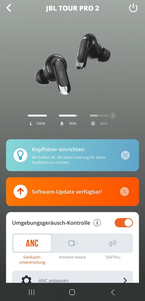 JBL Tour Pro 2 In-Ear-Bluetooth-Kopfhörer App Menü
