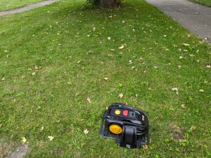 LANDXCAPE LX799 Mähroboter in der Ladestation auf einer Wiese