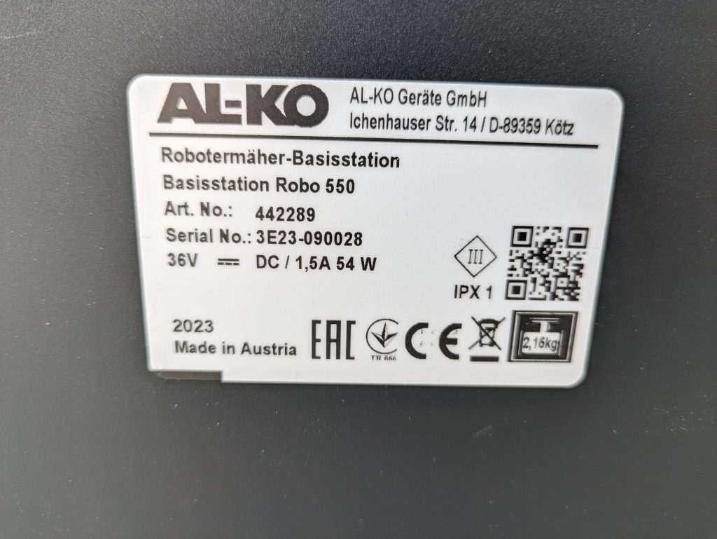 Ladestation des AL-KO Robolinho® 550W Mähroboters, technische Details