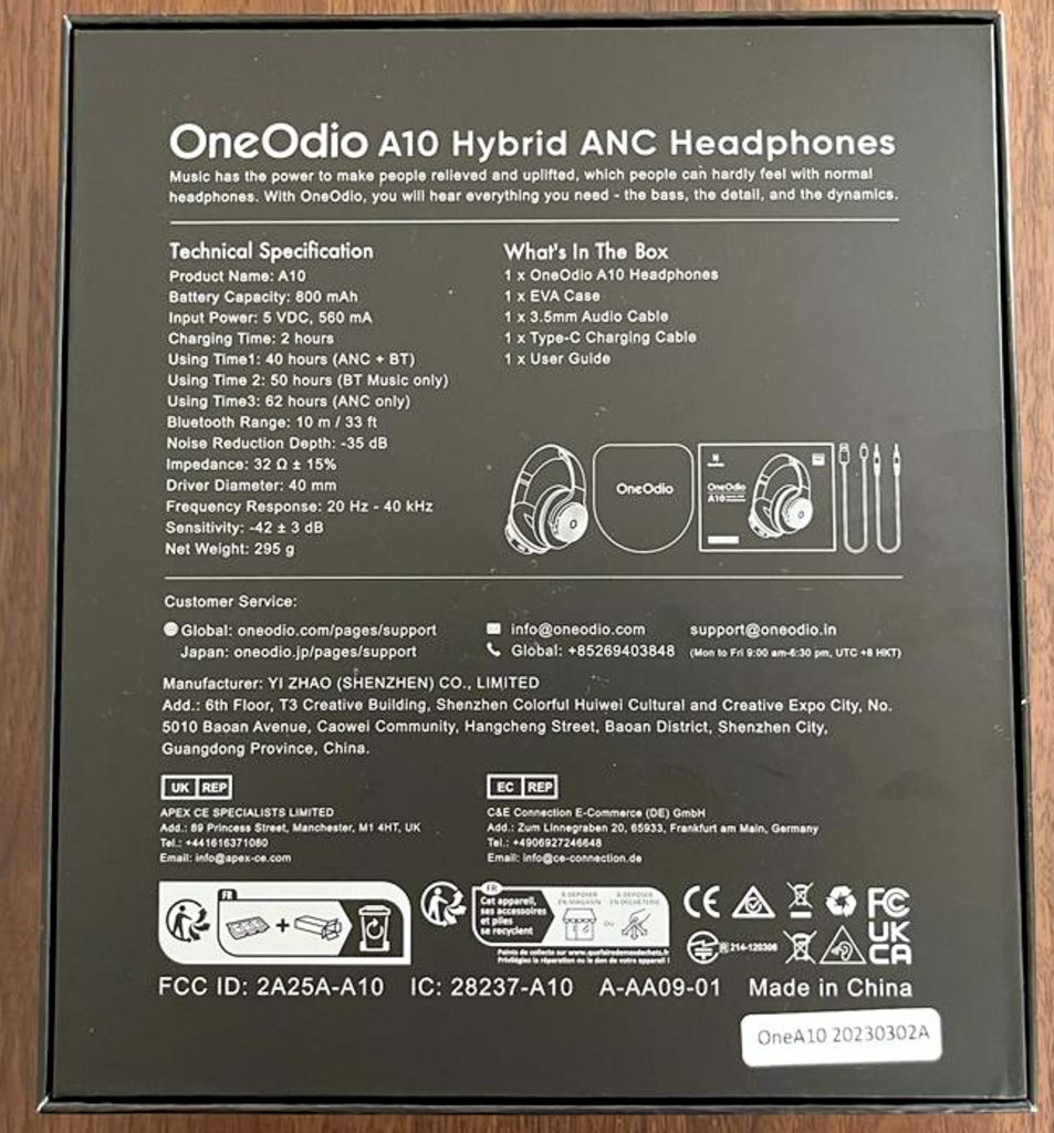 OneOdio Focus A10 Kopfhörer Verpackung Rückseite