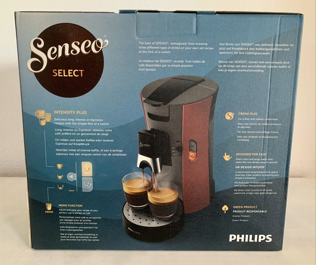 Philips SENSEO® Select CSA240:91 Kaffeepadmaschine im Karton von hinten
