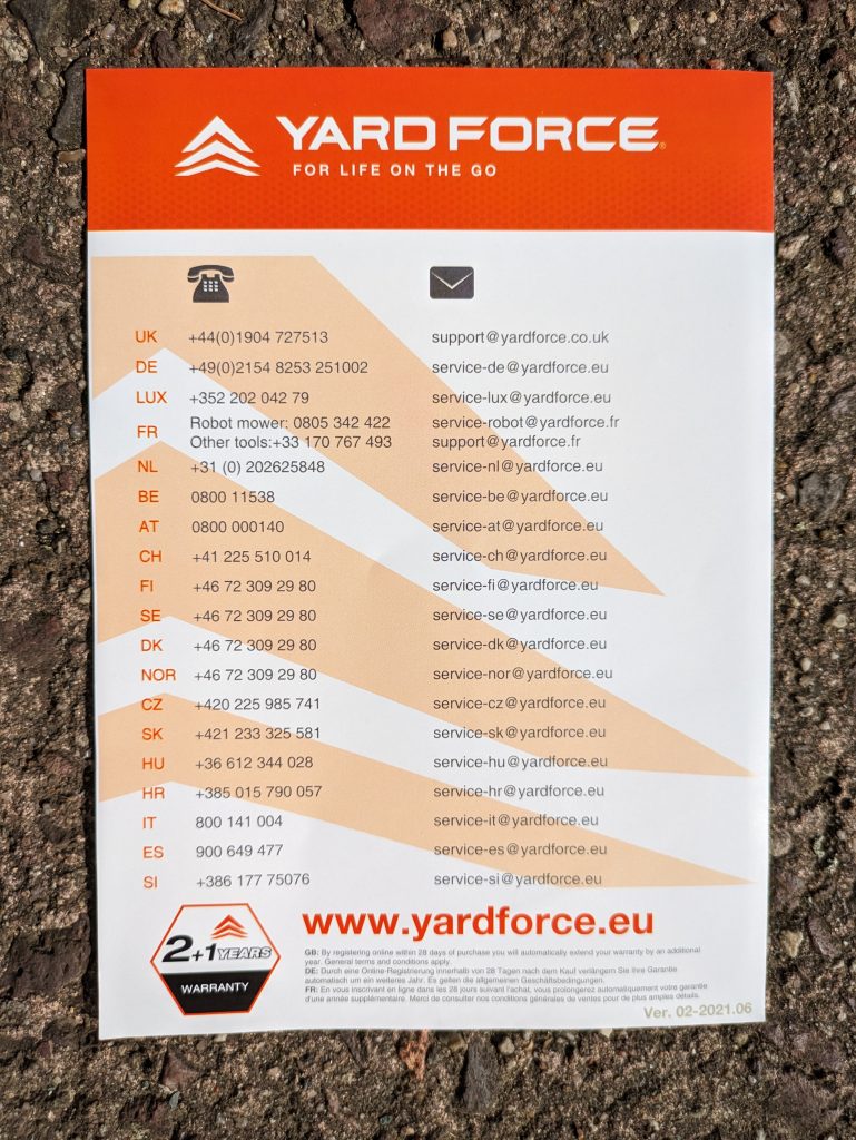 YARDFORCE COMPACT 300RBS Mähroboter Zettel für die Hotline
