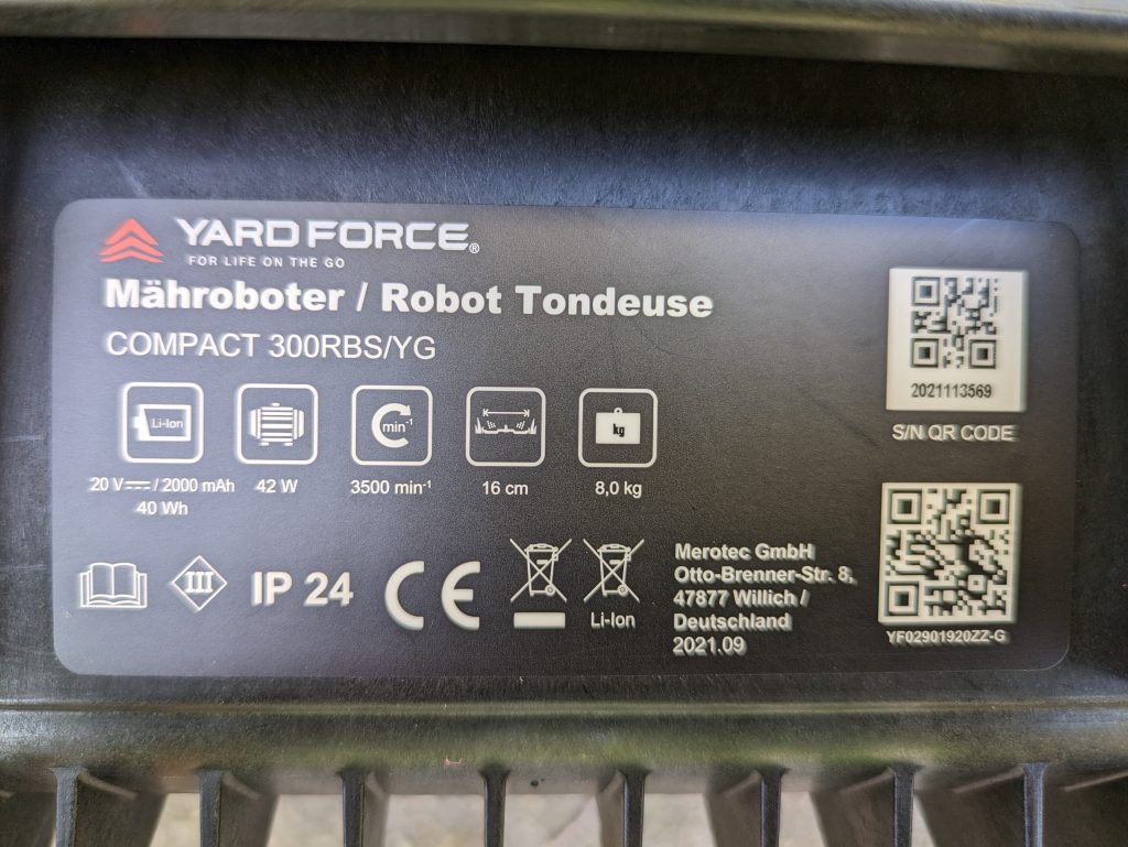 YARDFORCE COMPACT 300RBS Mähroboter technische Details