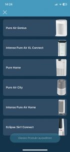 Rowenta Intense Pure Air Connect PU6080 Luftreiniger App auswahl Gerät