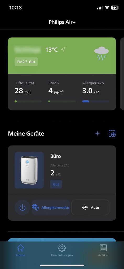 Philips Series 2000i Luftreiniger Anzeige Werte in der App