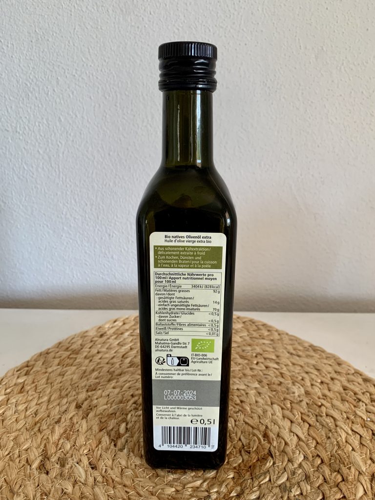 Alnature Natives Bio-Olivenöl extra Flasche von hinten