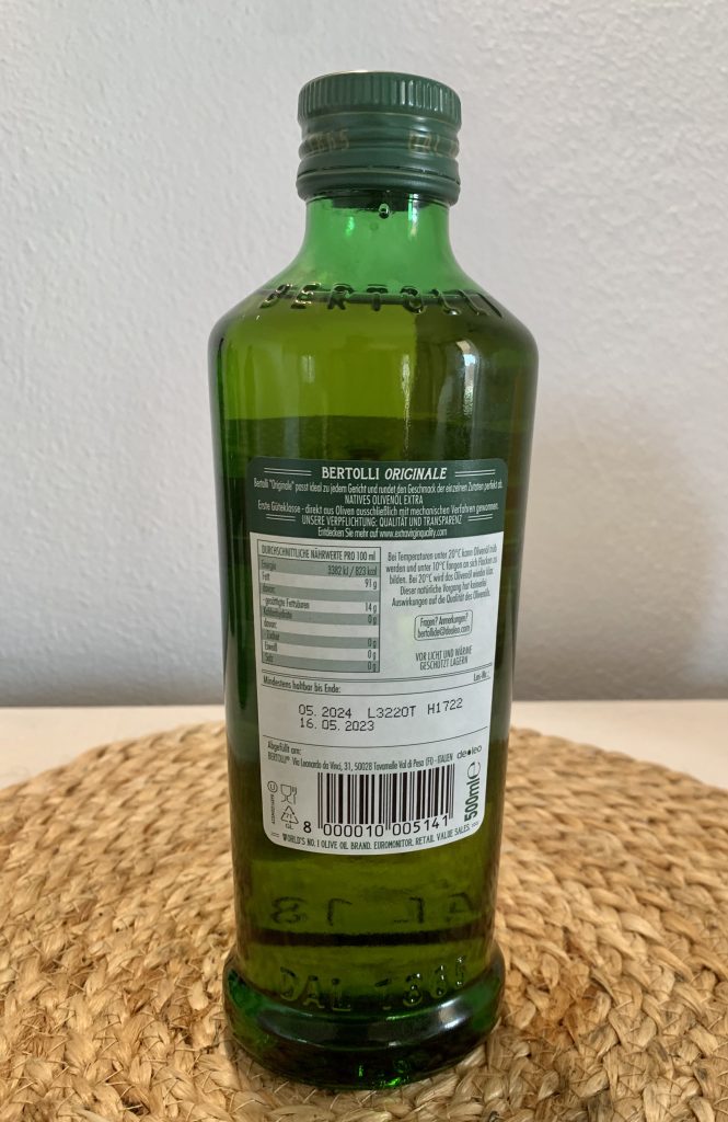 Bertolli Natives Olivenöl Extra Originale Nahaufnahme Flaschenetikett