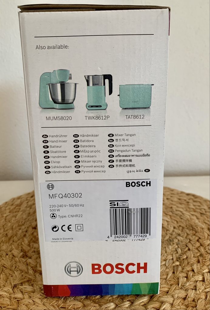 Bosch Styline MFQ40302 Handmixer im Karton von der linken Seite