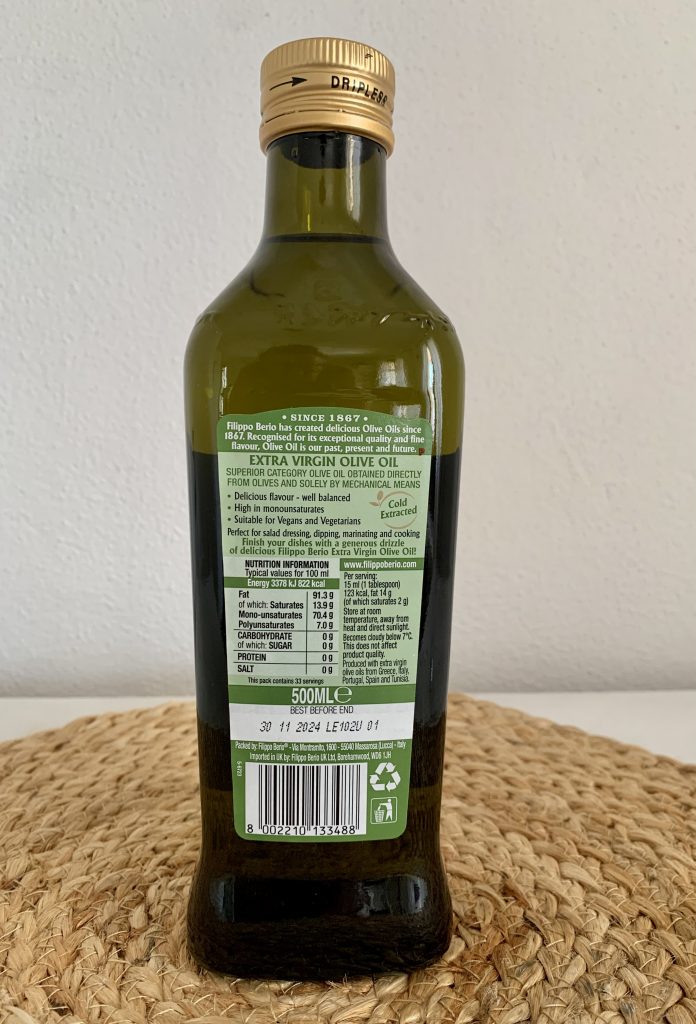 Filippo Berio Olio Natives Olivenöl extra Flasche von hinten