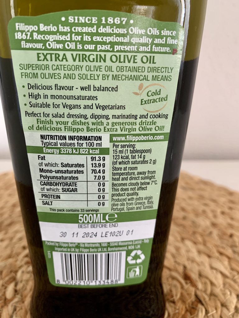 Filippo Berio Olio Natives Olivenöl extra Nahaufnahme rückseitiges Etikett