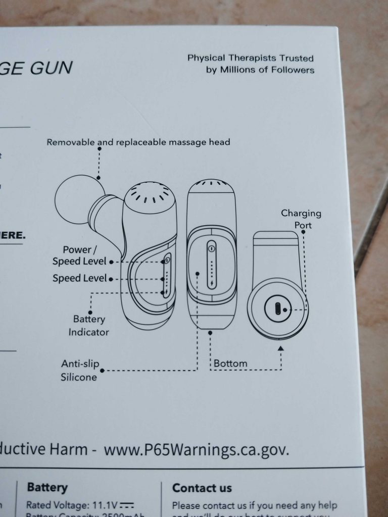 Gerätevorstellung auf der Rückseite der Verpackung derBob and Brad Q2 Mini Massagepistole