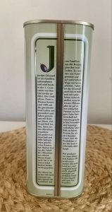 Jordan Natives Olivenöl Extra Kanister von der Seite mit Produktinformationen