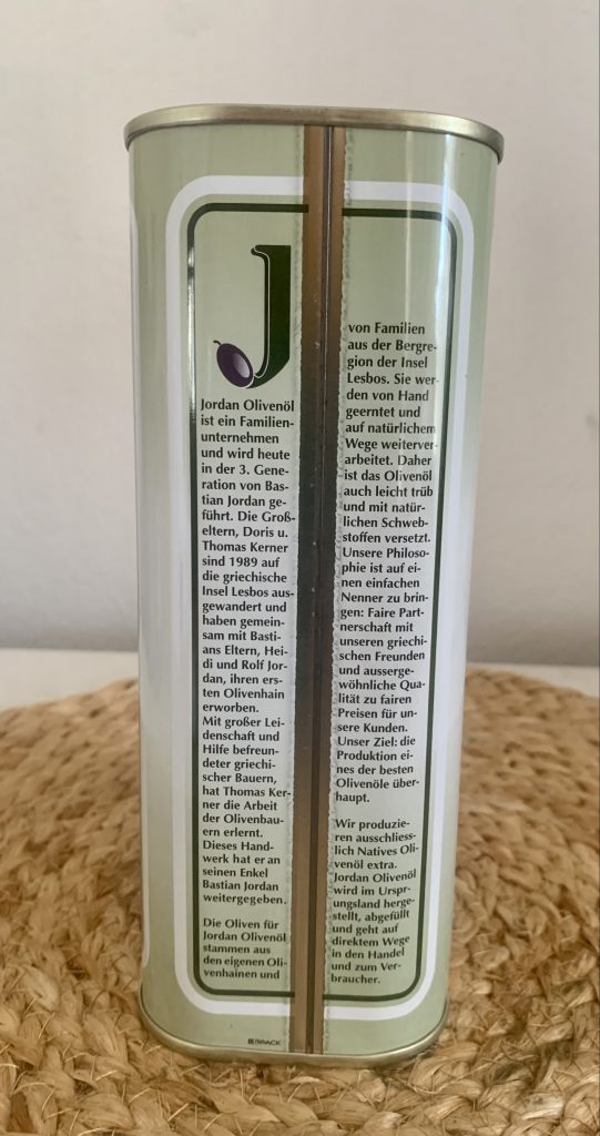 Jordan Natives Olivenöl Extra Kanister von der Seite mit Produktinformationen