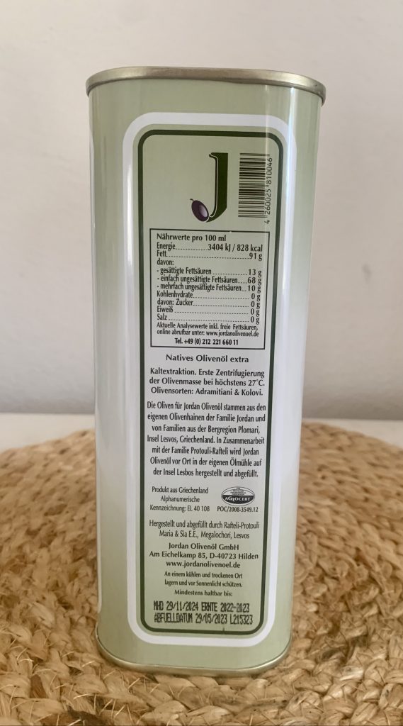 Jordan Natives Olivenöl Extra Kanister von der Seite mit Inhaltsstoffen