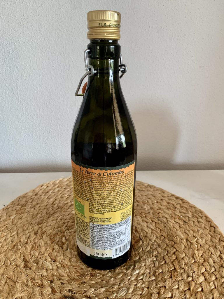 Le Terre di Colombo extra natives Bio-Olivenöl Rückseite der Flasche