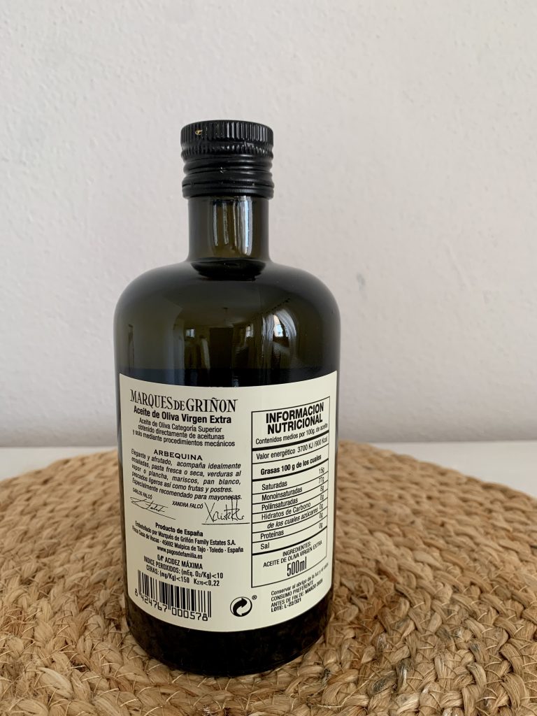 Marqués de Griñon Arbequina Natives Olivenöl extra Flasche von hinten