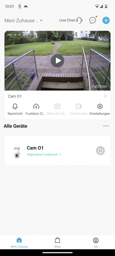 Owltron O1 Überwachungskamera Hauptseite in der App