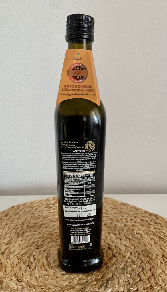 Pago Baldios San Carlos Natives Olivenöl extra Rückseite der Flasche